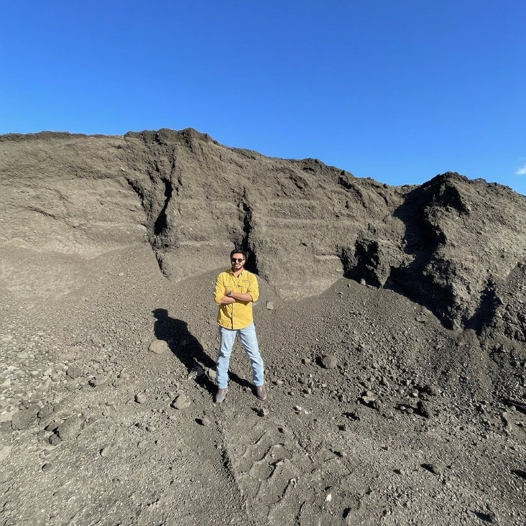 Sonny's team member in a branded shirt dwarfed by a towering recycled asphalt and gravel mound